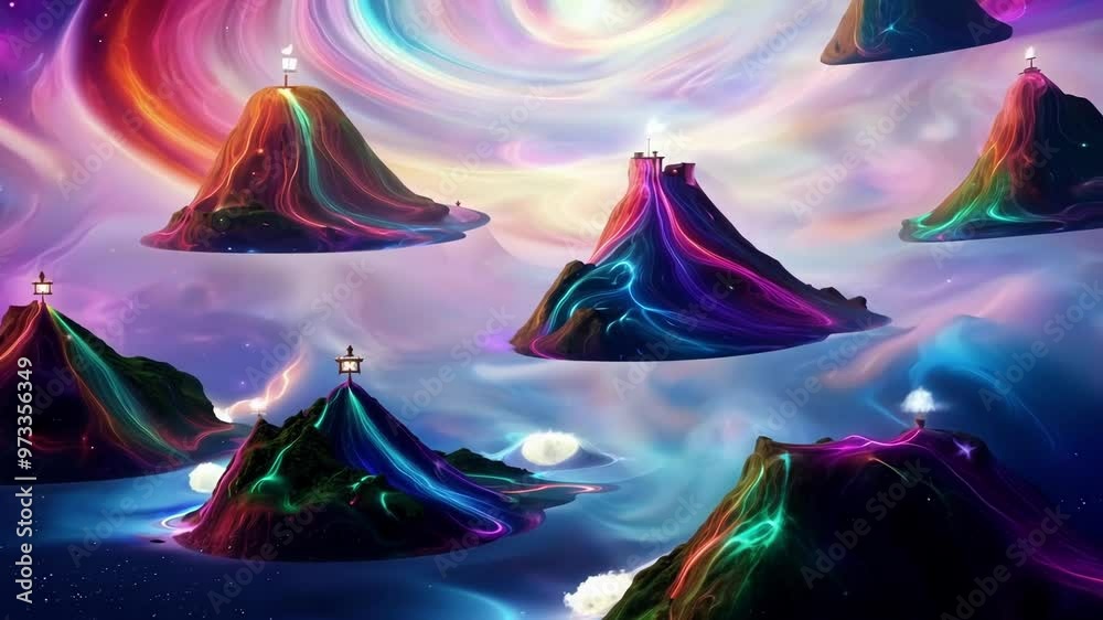 Aufkleber vibrant, luminous islands float in space with glowing lanterns, evoking wonder and mystery in a cosm