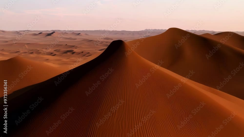 Poster sunlight is illuminating the rippled sand dunes, creating a warm, inviting glow on the barren landsc