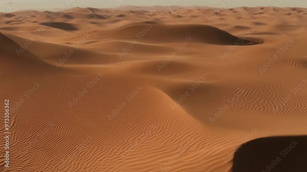 Poster Rolling sand dunes in warm sunlight create mesmerizing light and shadow patterns in a vast desert landscape under a soft blue sky with fluffy clouds