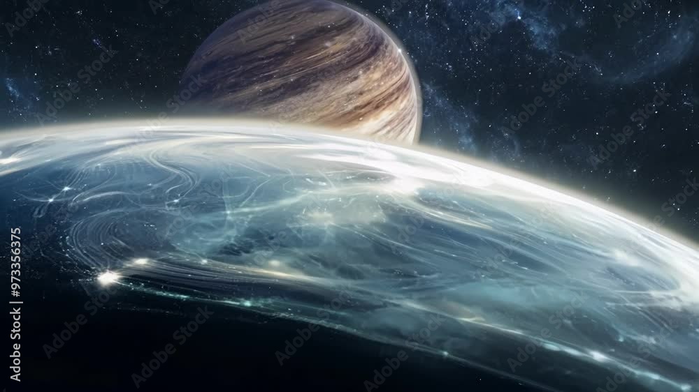Aufkleber Mesmerizing image of a blue planet with glowing lines orbiting a gas giant in deep space, surrounded by stars. Perfect for space enthusiasts