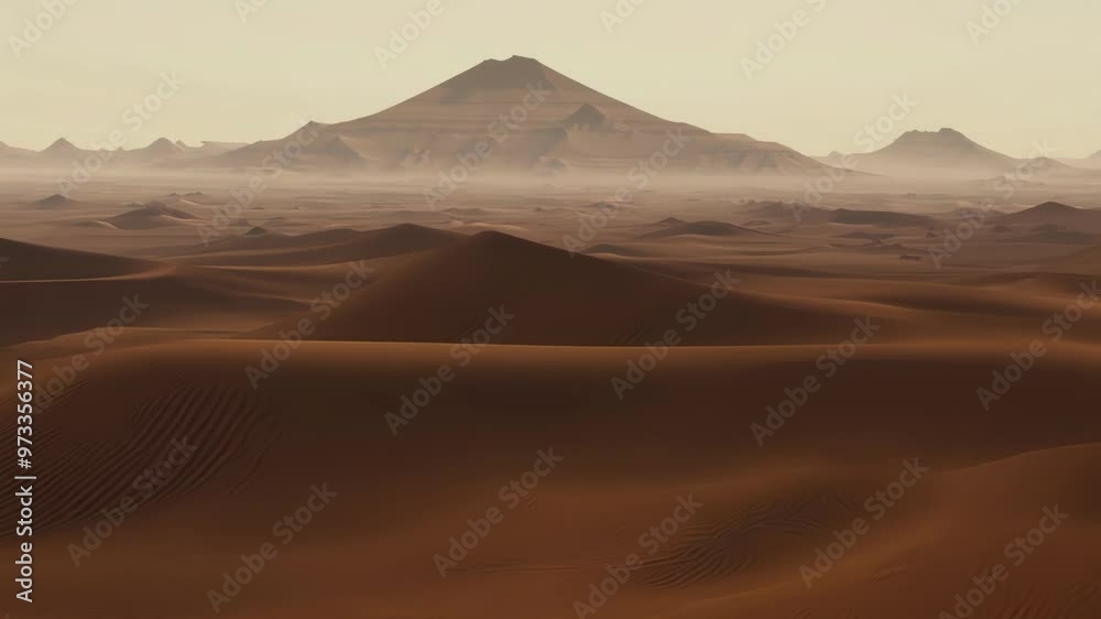 Poster Endless sand dunes create mesmerizing patterns under a hazy sky in a vast desert landscape, resembling an alien planet with mountains in the distance
