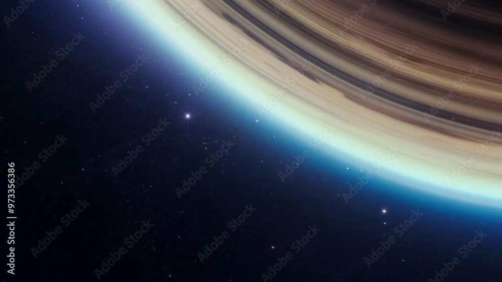 Poster Mesmerizing blue planet with rings floats in space, surrounded by twinkling stars, evoking wonder and awe