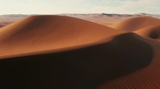 The wind gently shapes sand dunes under warm sunlight, revealing rippled textures in shades of orange and brown. Explore this arid desert landscape