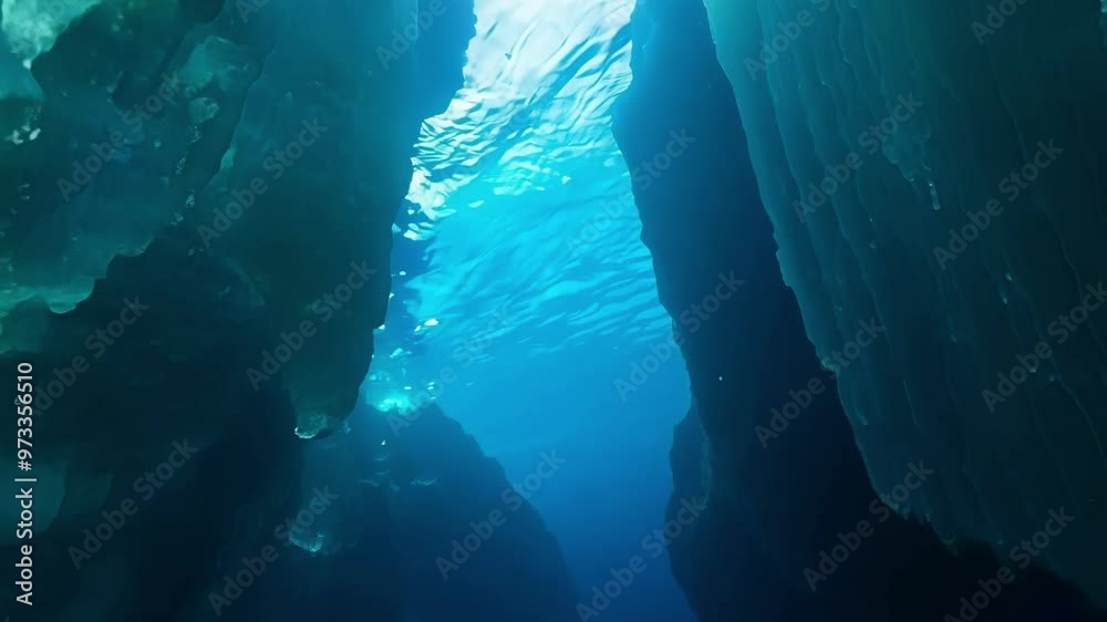 Poster sunlight penetrates ice formations underwater, revealing intricate patterns and textures in a mesmer
