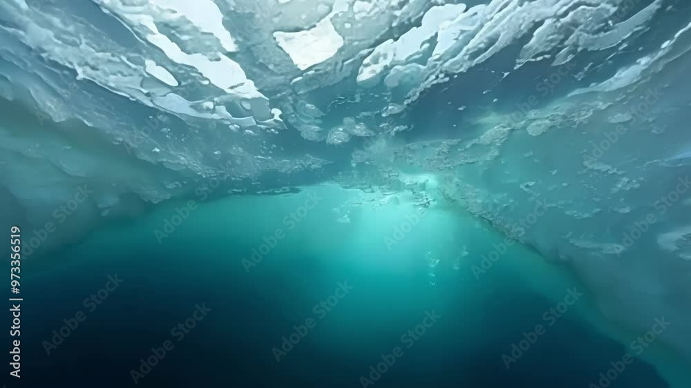 Aufkleber Sunlight is shining through the ice covering a frozen lake, creating a beautiful, abstract pattern. The turquoise water below the ice adds to the serene and tranquil atmosphere