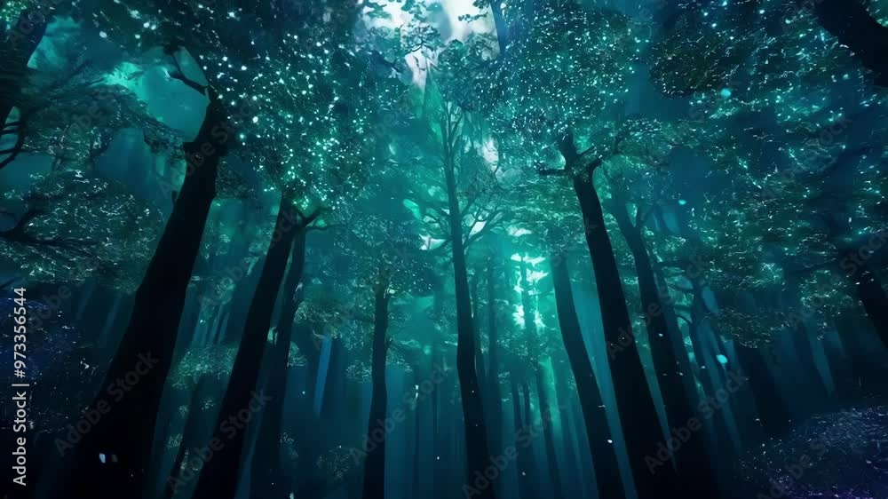 Poster Enter a glowing forest under the moonlight, with trees and the ground bathed in mysterious light, creating an enchanting and surreal atmosphere