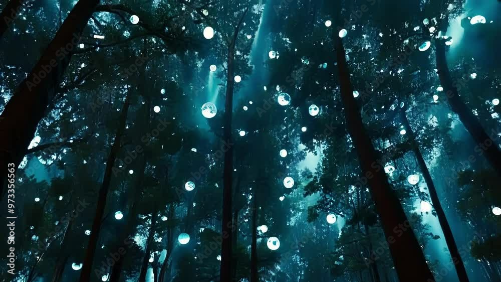 Aufkleber glowing spheres hang in a serene forest, creating a magical and mysterious atmosphere