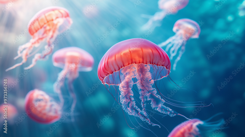 Wall mural Jellyfishs swimming in blue ocean underwater animal