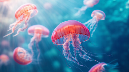 Jellyfishs swimming in blue ocean underwater animal