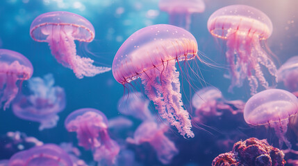 Obraz premium Jellyfishs swimming in blue ocean underwater animal