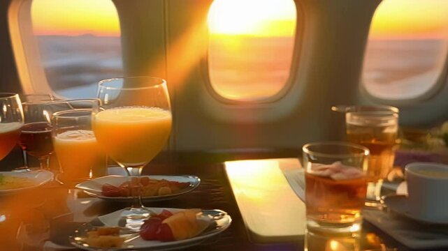 Indulge in luxury with gourmet food and drinks on a private jet at sunset