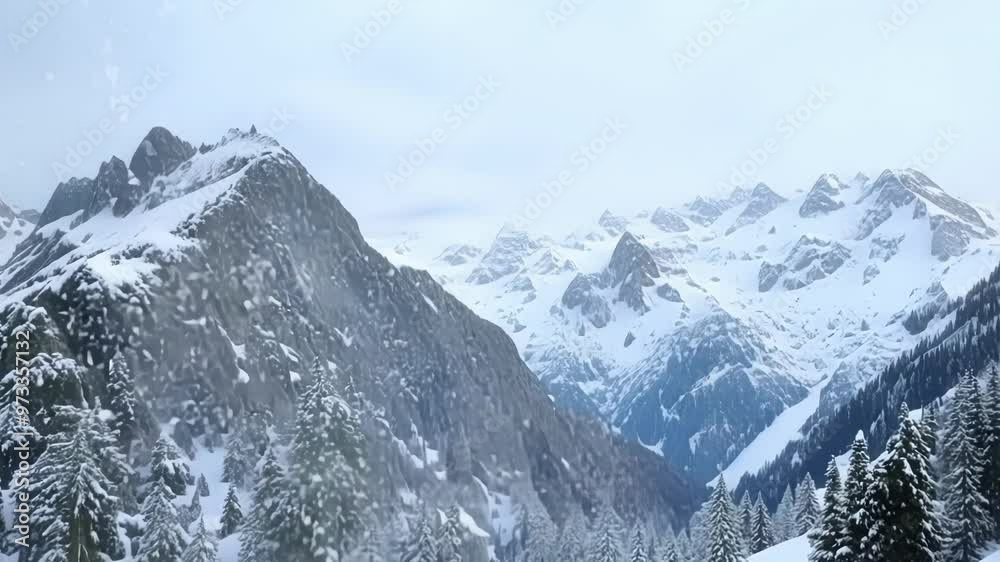 Poster snow falls on a vast mountain range with pine trees, creating a serene winter scene