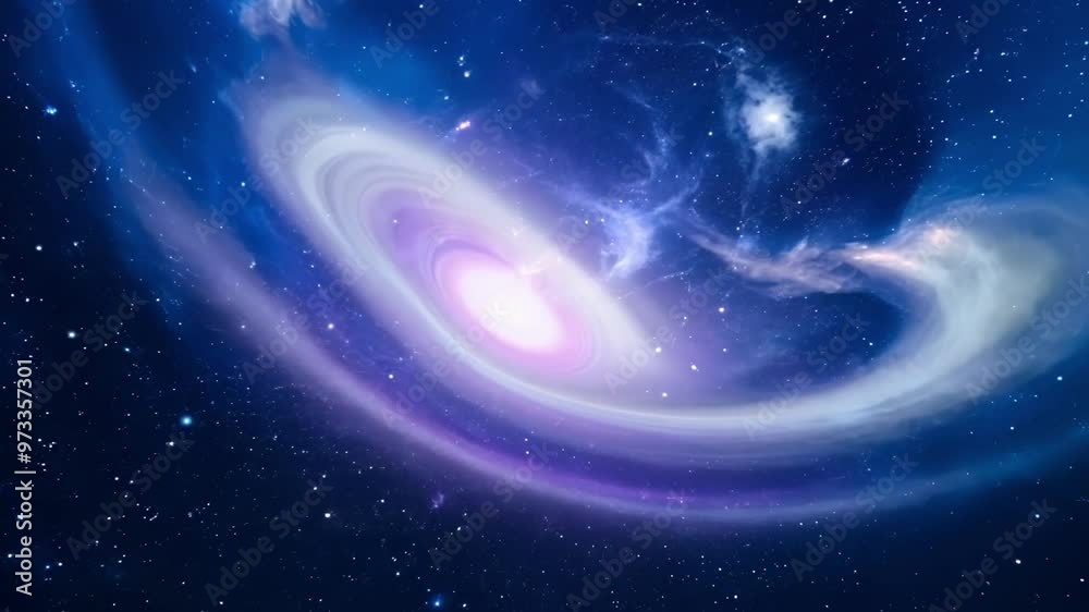 Poster spiral galaxy creates a wormhole in deep space, emitting a bright light, ideal for concepts like spa