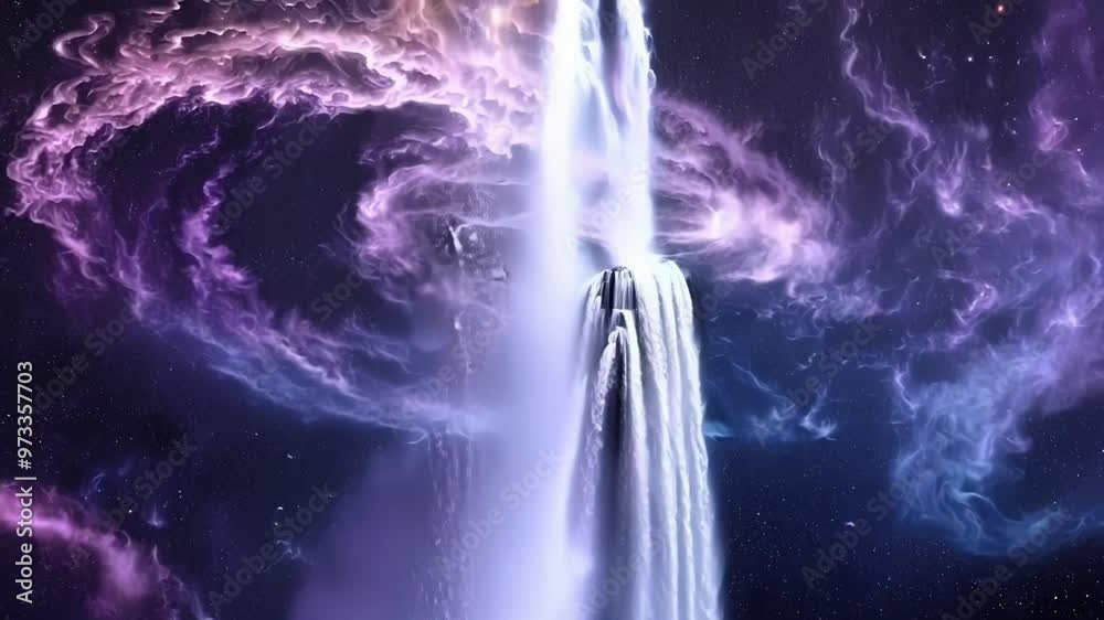 Poster waterfall is flowing upwards into space, surrounded by purple nebulae and stars, creating a surreal 