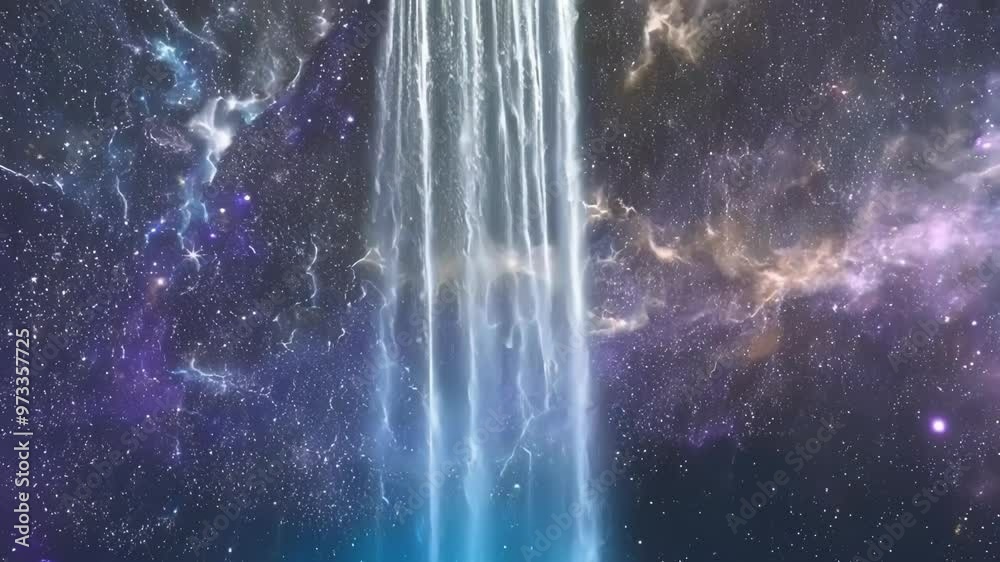 Poster beam of light is flowing down in outer space surrounded by nebulae and stars. this image evokes spir