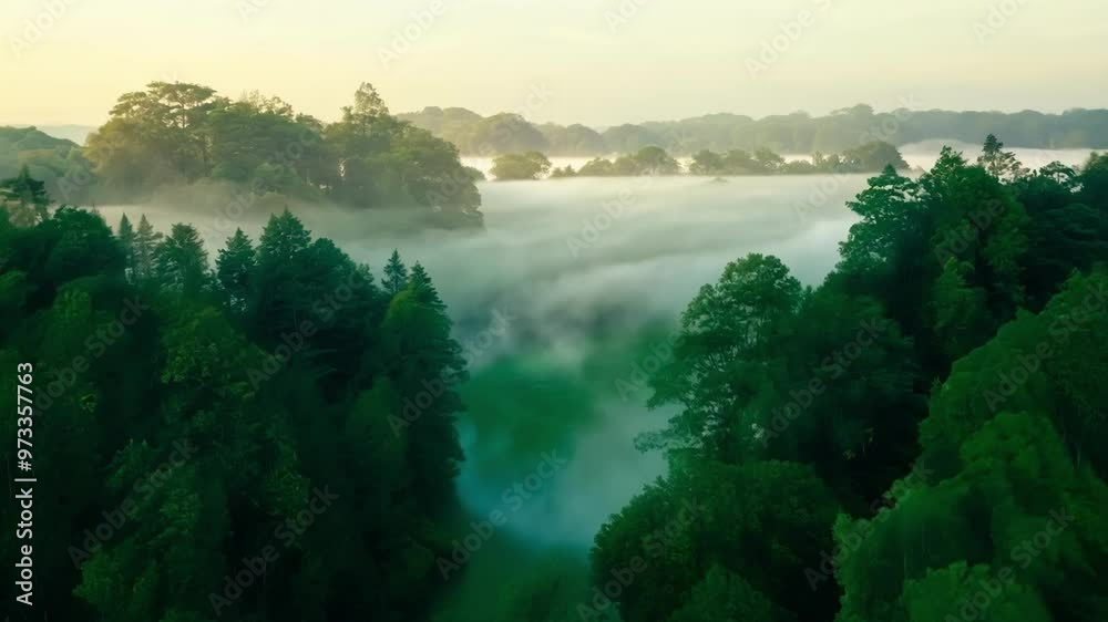 Aufkleber The lush green forest bathed in sunlight with low fog rolling through trees, creating a serene and tranquil atmosphere