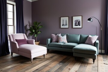 Stylish Urban Living Room Featuring Chaise Lounge Reclaimed Wood Flooring and Soft Lavender Walls