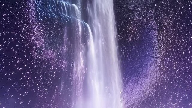 Waterfall cascading through a purple and pink night sky filled with streaks of light, creating an abstract and surreal image of distorted spacetime
