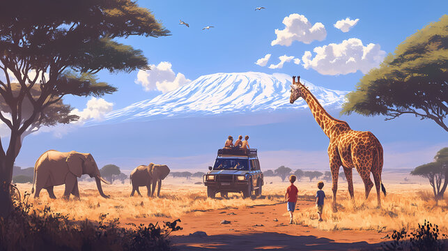 Fototapeta A family on safari in kenya, watching lions, elephants, and giraffes roam the savannah against a backdrop of mount kilimanjaro. Savannah. Illustration