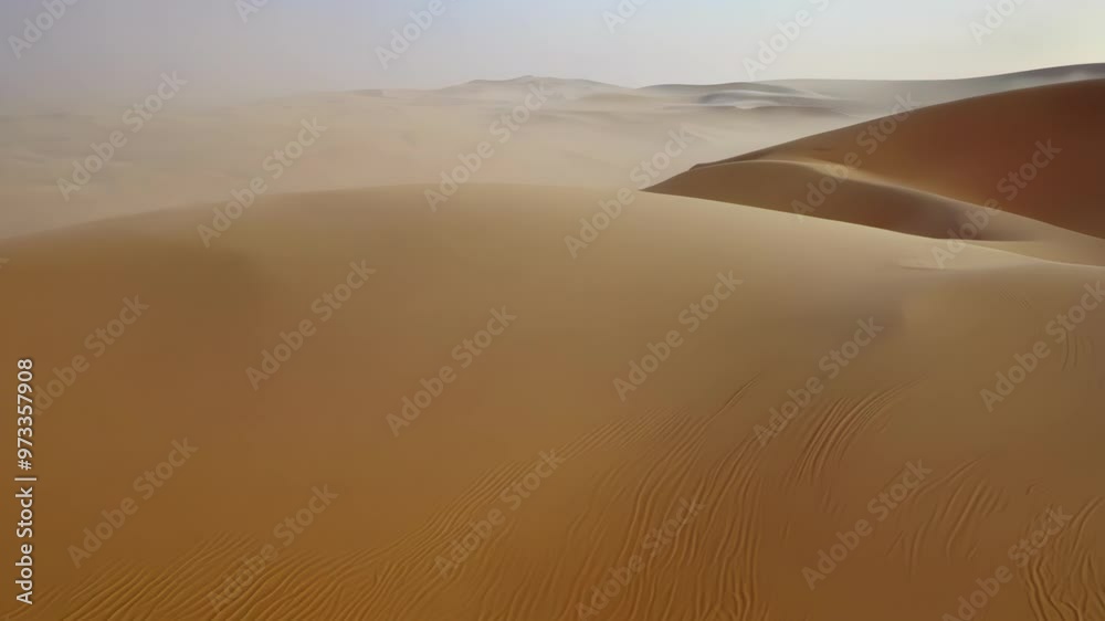 Poster sand blowing over sahara desert dunes creates beautiful patterns in golden hues, adding adventure to