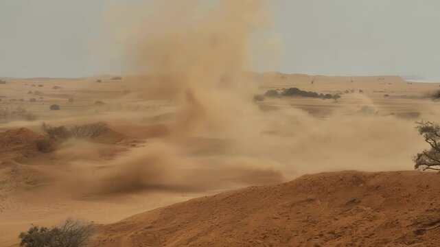 Massive dust storm forms over a parched desert, swirling sand and powerful winds in a dramatic scene