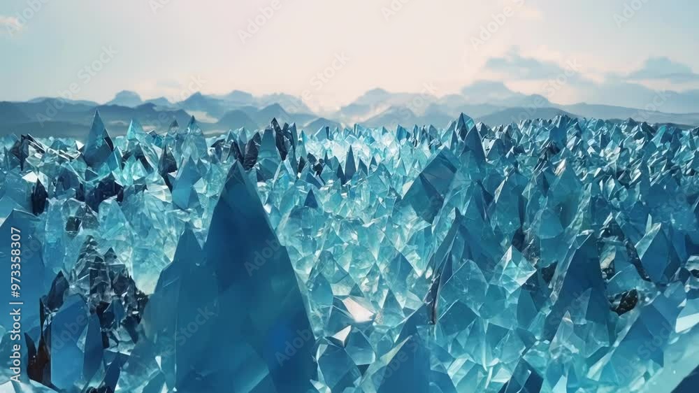 Poster Sharp blue crystals form a striking mountain range in a surreal landscape, creating a mesmerizing scene from an alien planet