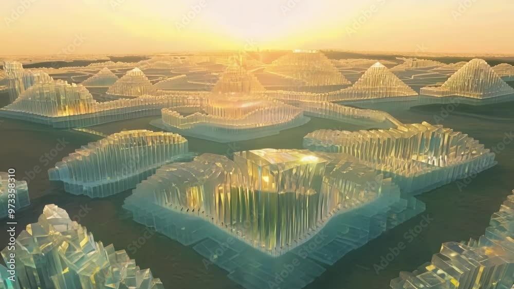 Aufkleber futuristic cityscape made of abstract crystal structures is reflecting the golden light of the setti