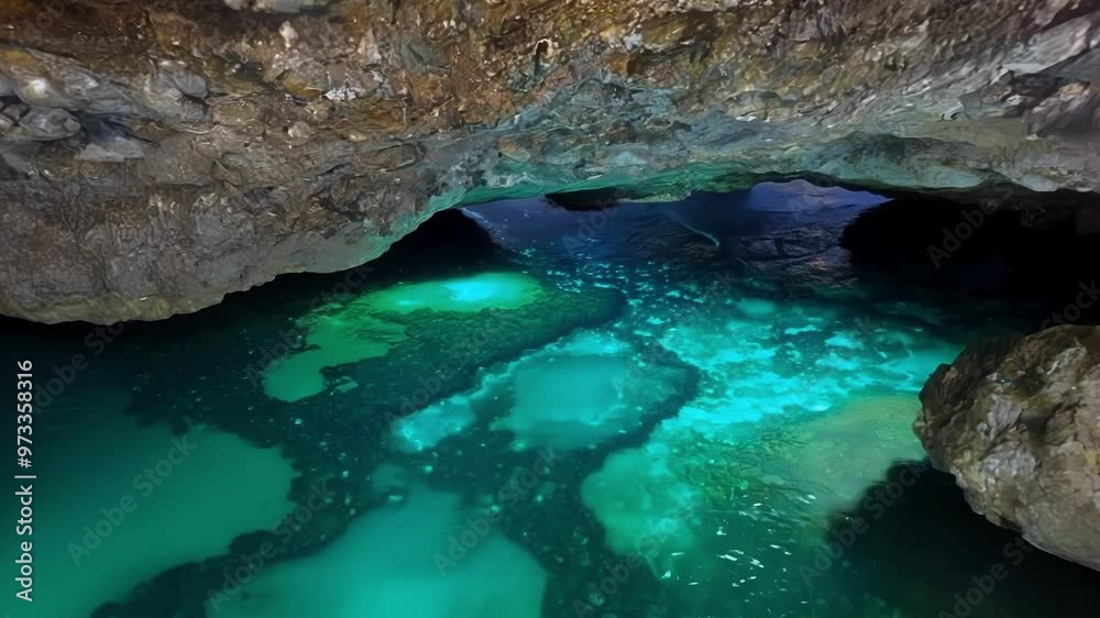 Poster Sunbeams gently illuminate turquoise water flowing through a dark cave, creating mesmerizing light and shadow play