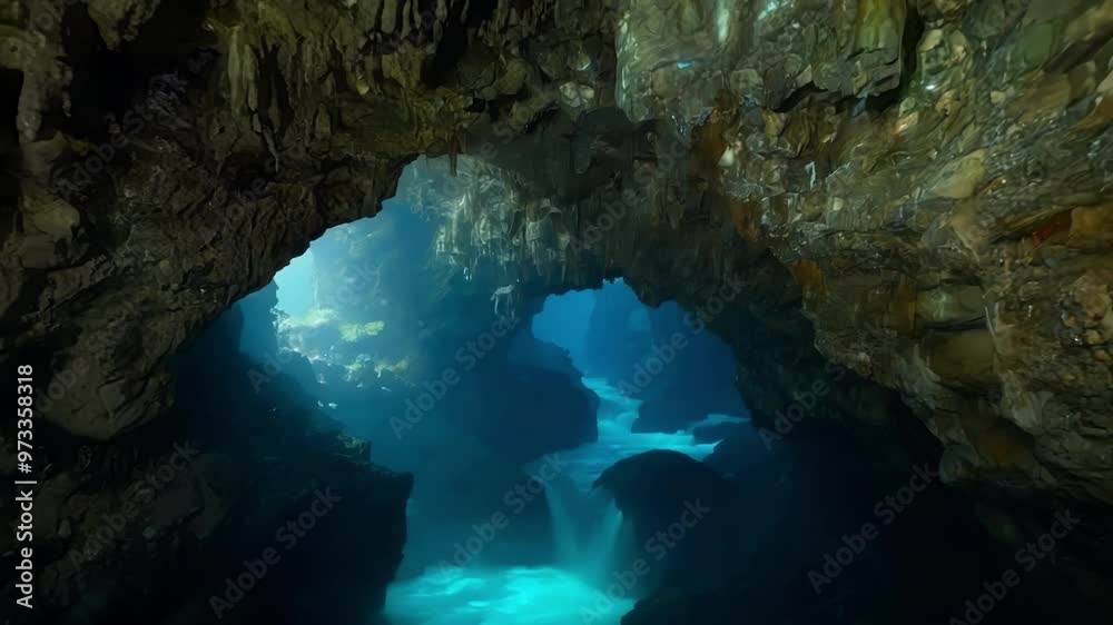 Aufkleber sun rays are illuminating the entrance of an underwater cave, creating a magical atmosphere. the cav