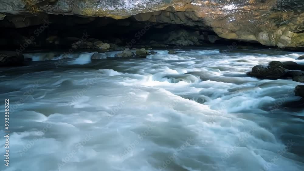 Poster rushing river rapids flow through dark cave, creating mesmerizing spectacle. water carves through ro