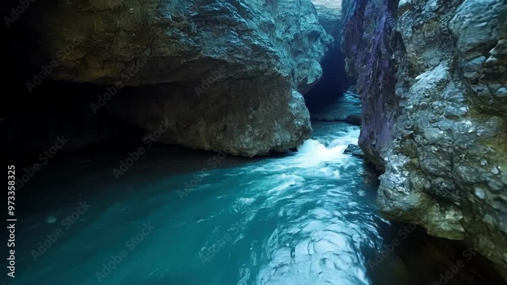 Poster Turquoise water flows through a narrow canyon carved by a mountain river. Surrounded by rugged rocks and mysterious caves. Creating a wild and beautiful outdoor scene