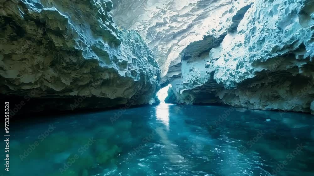 Poster light reflects on turquoise water flowing through a rocky cave, creating a mesmerizing sight. sunlig