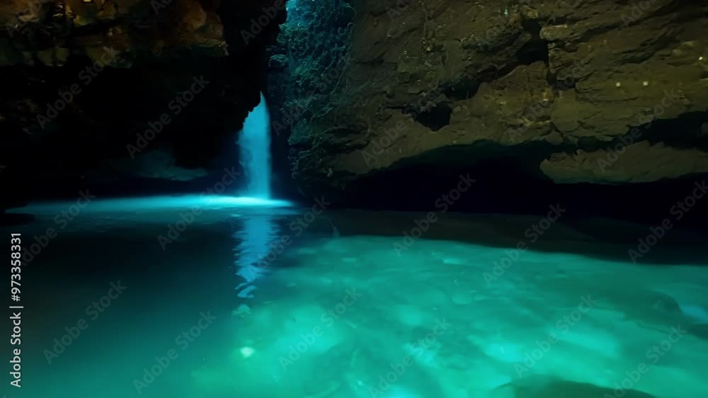 Poster Water plunging into a turquoise pool in a cave, creating a mesmerizing spectacle with rugged walls and an ethereal glow