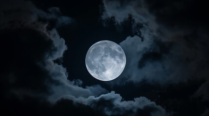 Full moon shining through clouds in the night sky.