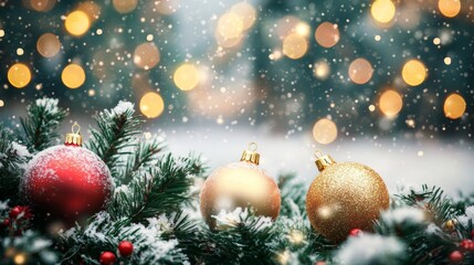 Obraz premium Festive Christmas tree with decorations with glittery baubles, frosted evergreen branches, illuminated by warm lights on a blur background. Merry Christmas banner and poster