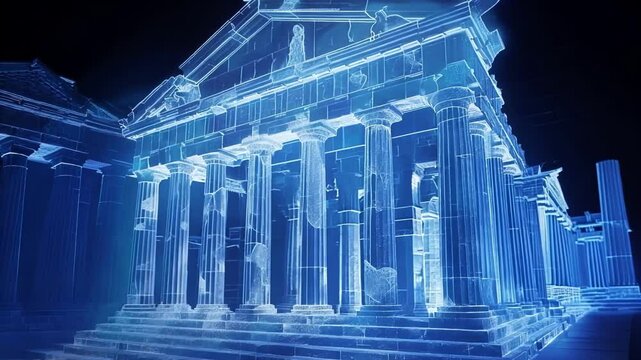 Futuristic blue hologram is showcasing a projection of an ancient greek temple, with its iconic columns and intricate details