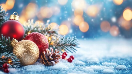 Festive Christmas tree with decorations with glittery baubles, frosted evergreen branches, illuminated by warm lights on a blur background. Merry Christmas banner and poster