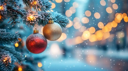 Obraz premium Festive Christmas tree with decorations with glittery baubles, frosted evergreen branches, illuminated by warm lights on a blur background. Merry Christmas banner and poster