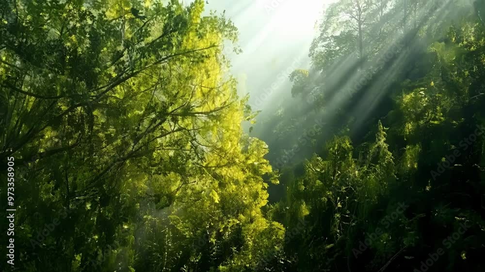 Aufkleber sunlight filtering through lush green forest creates serene atmosphere, illuminating leaves and bran
