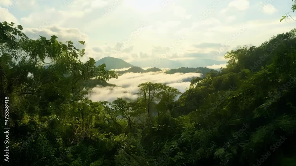 Aufkleber golden sunlight is beaming through the forest canopy, illuminating a thin layer of mist floating abo