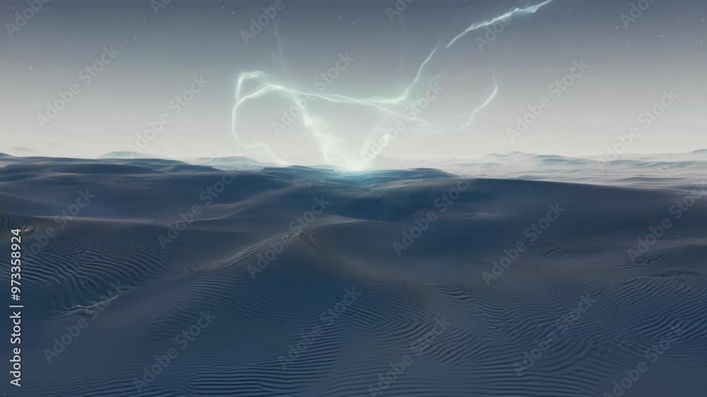 Poster Mesmerizing glowing energy source hovers and pulses gracefully over a vast. Barren desert planet. Casting a serene blue light across the otherworldly landscape