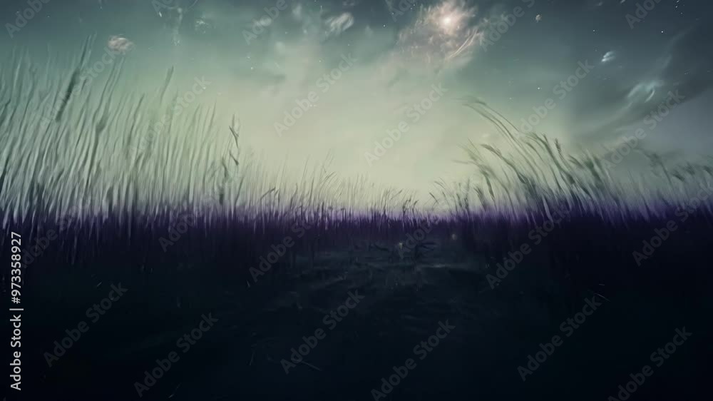 Poster gracefully swaying tall purple grass under a cloudy night sky, creating a serene atmosphere. ideal w