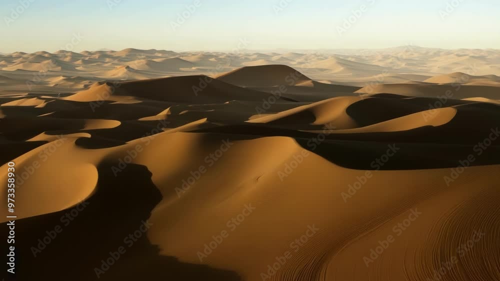 Poster Sunlight casting long shadows on the sand dunes, creating a mesmerizing pattern of light and shadow in a vast and desolate landscape