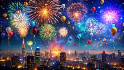 Vibrant fireworks explode in a starry night sky above a sparkling cityscape, confetti and balloons floating down, marking the joyous start of a new year.