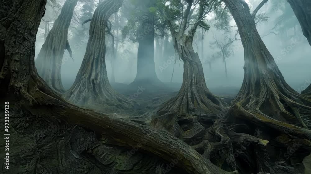 Poster Giant trees with large roots are growing in a mysterious forest covered by fog. The sun is shining through the branches and creates a mystical atmosphere