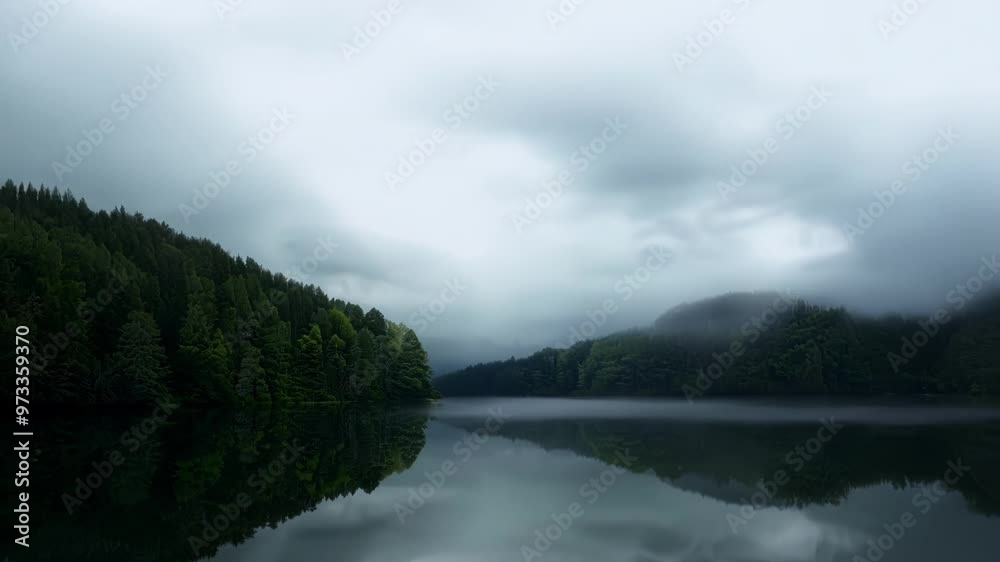 Poster calm lake reflecting lush green forest and rolling hills in misty atmosphere with fluffy clouds