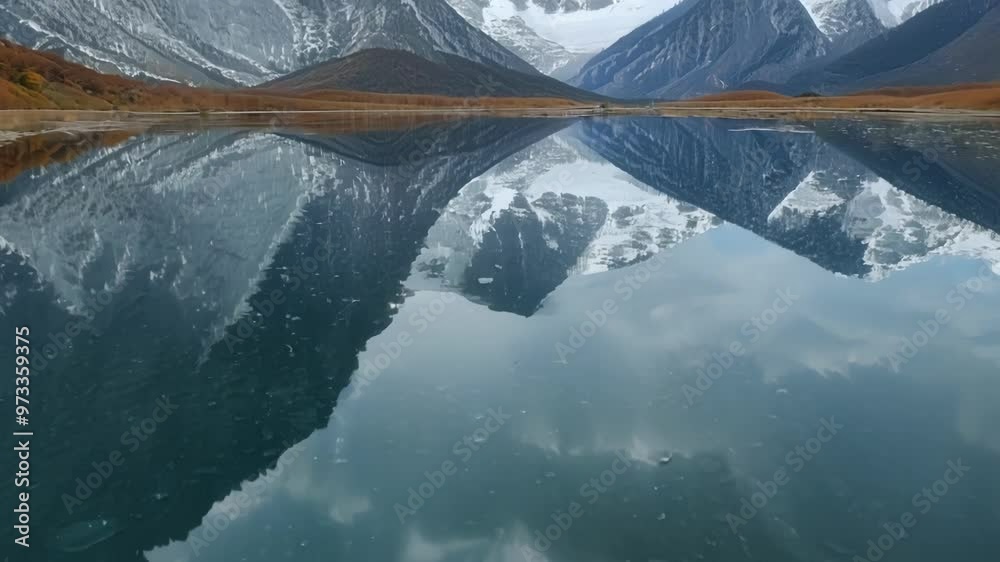 Poster Snow capped mountain peaks are reflecting in the still water of a lake, with clouds adding to the abstract effect of the scene