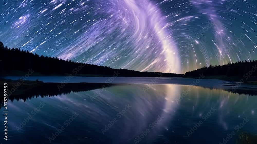 Aufkleber The milky way galaxy is reflecting in a calm lake surrounded by a forest at night, creating a mesmerizing and surreal atmosphere