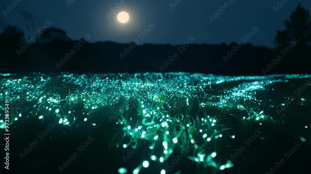 Aufkleber Magical night scene of a field glowing with fireflies under the light of the full moon. The fireflies create a mesmerizing spectacle, illuminating the night with their ethereal glow
