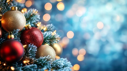 Obraz premium Festive Christmas tree with decorations with glittery baubles, frosted evergreen branches, illuminated by warm lights on a blur background. Merry Christmas banner and poster